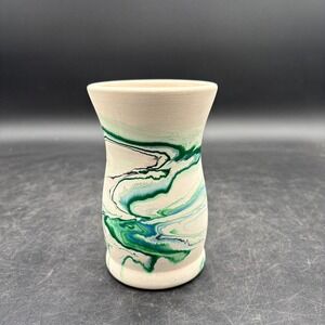 Nemadji Pottery Vase Green Swirl Marbled Wedding Bud Vase USA Art Pottery 6.25in